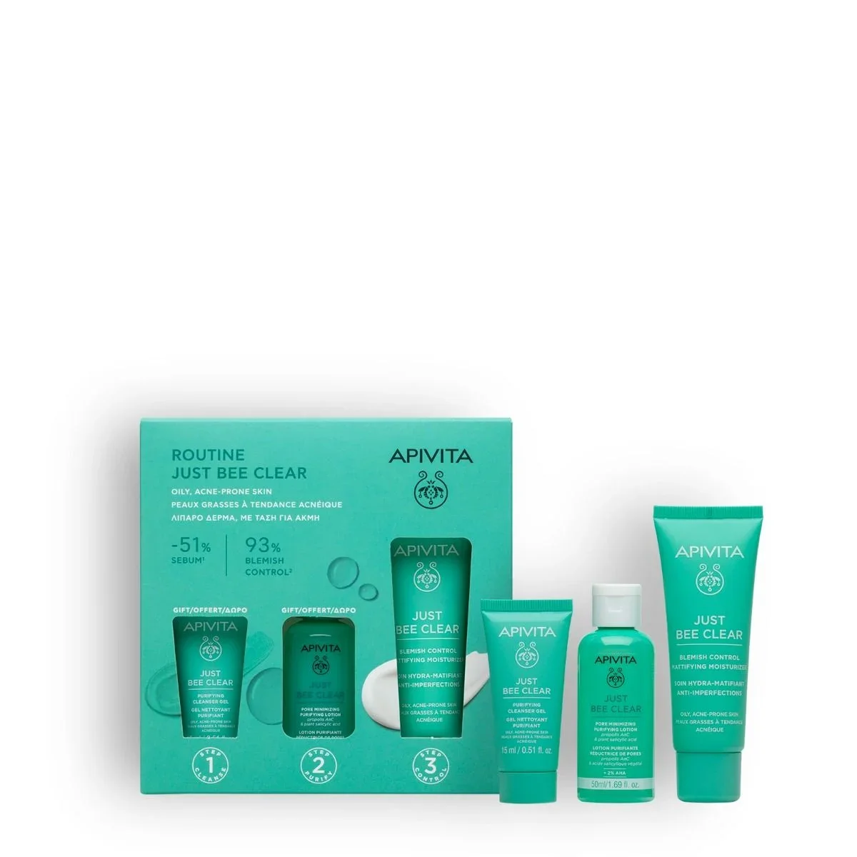 Apivita Just Bee Clear Creme Hidratante Kit Routine 40ml+15ml+10ml